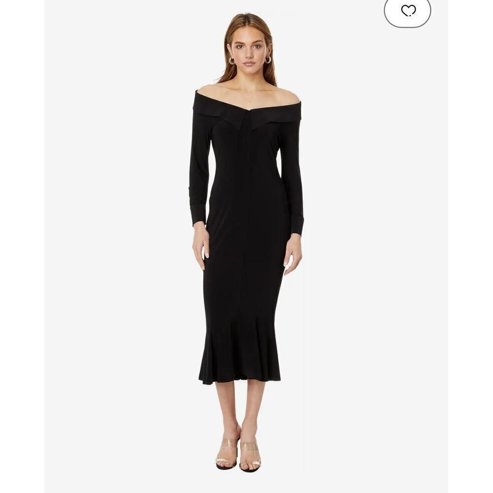 Norma Kamali Off The Shoulder Fishtail Dress 3/4 Sleeve Black Size Small NWT